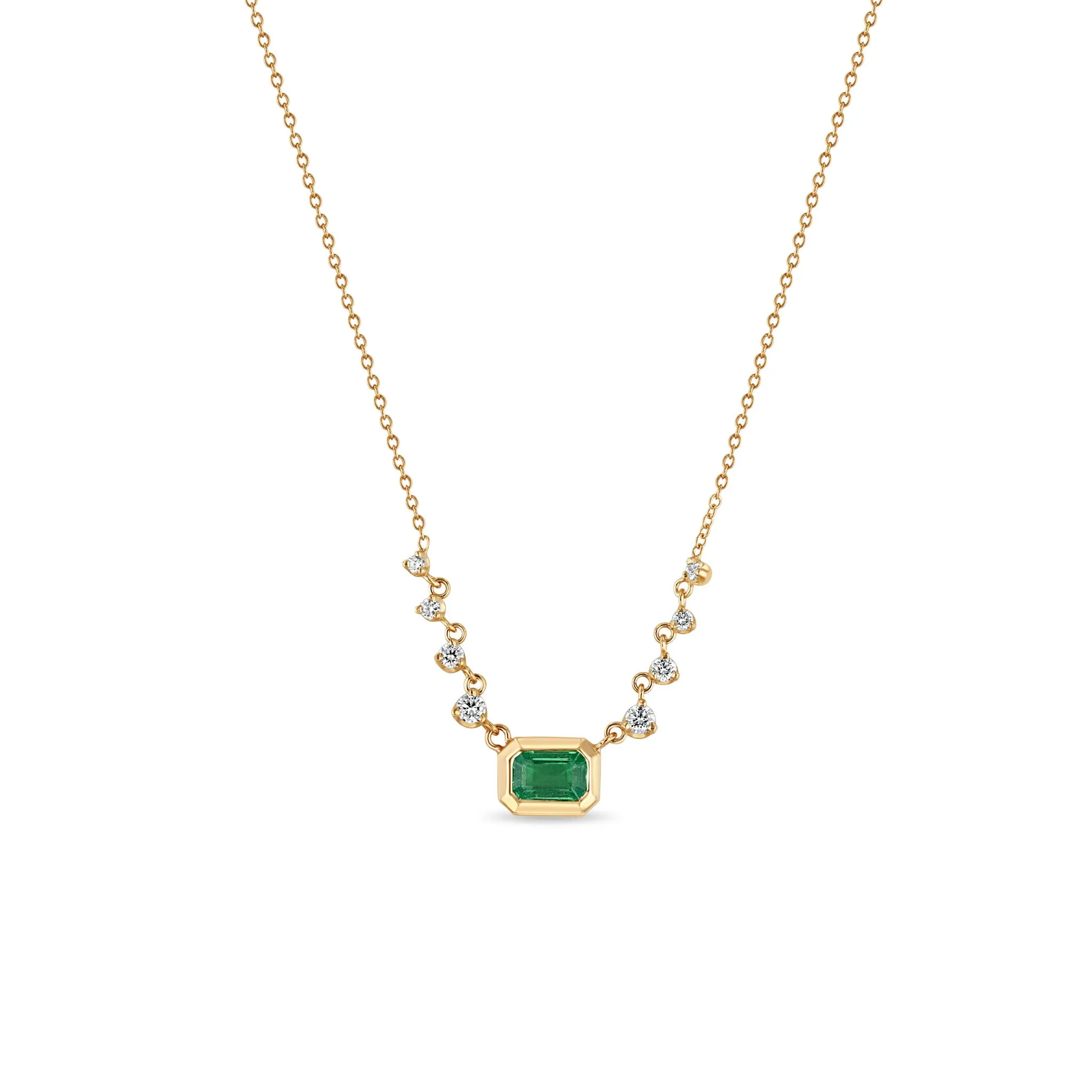 14k Graduated Prong Diamond & Emerald Cut Emerald Bezel Necklace