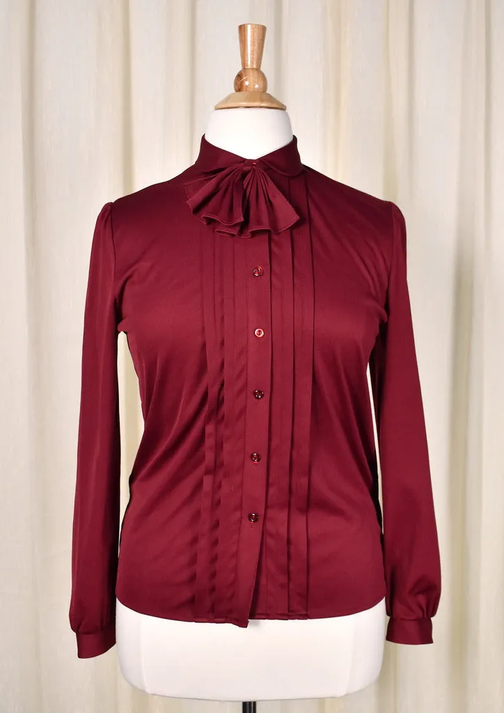 1940s Style Vintage Burgundy Bow Blouse