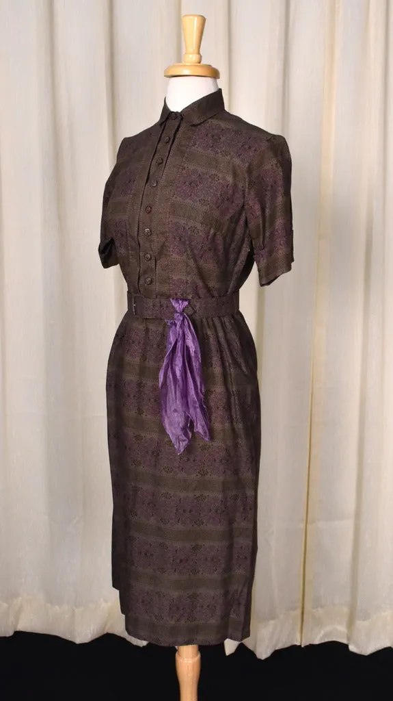 1950s Brown Floral Shirt Sheath Dress