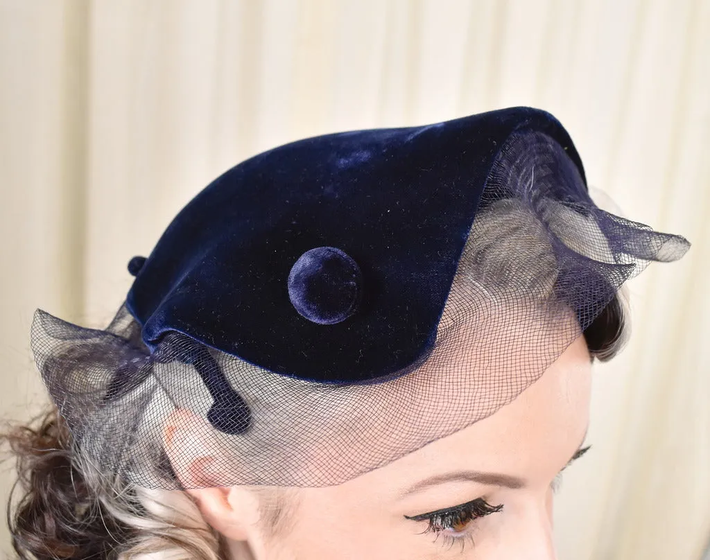 1950s Navy Velvet Vintage Curved Hat