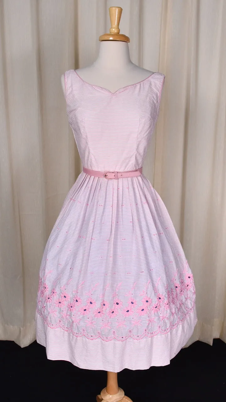 1950s Pink Eyelet Border Striped Gilden Sun Dress