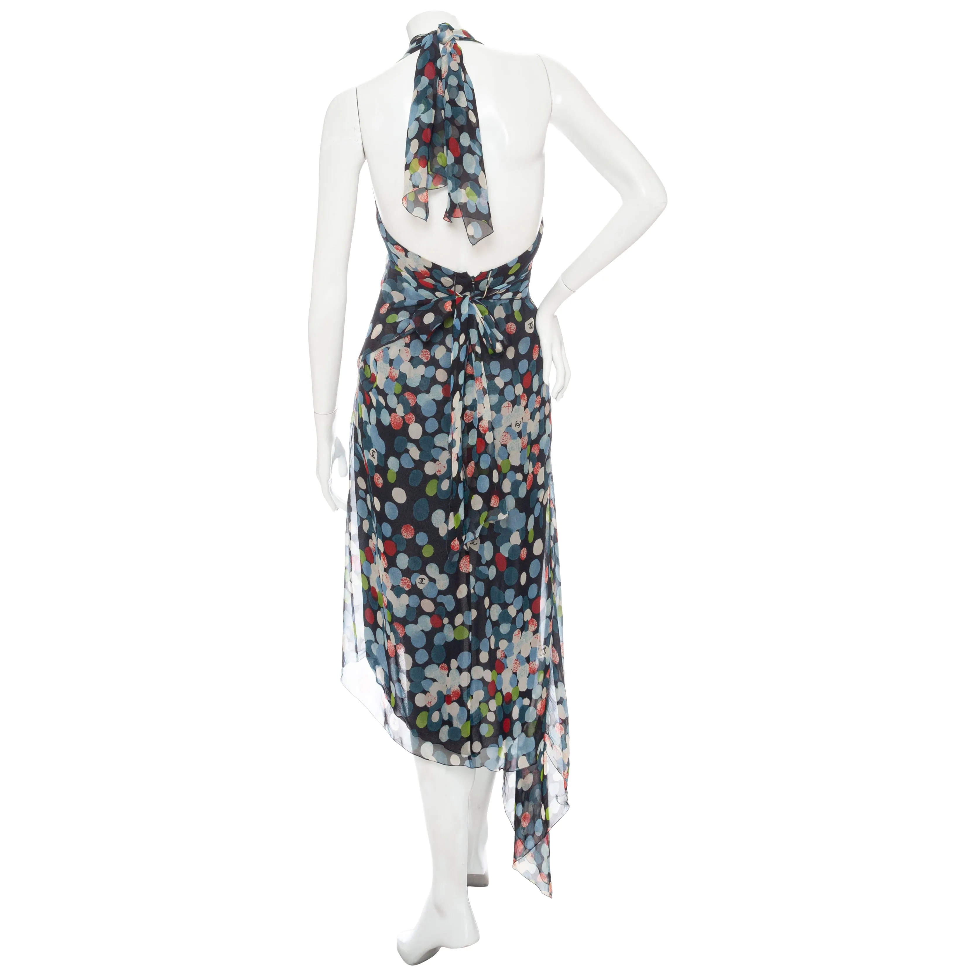 1997 Multicolored Silk Polka Dot Print Halter Dress