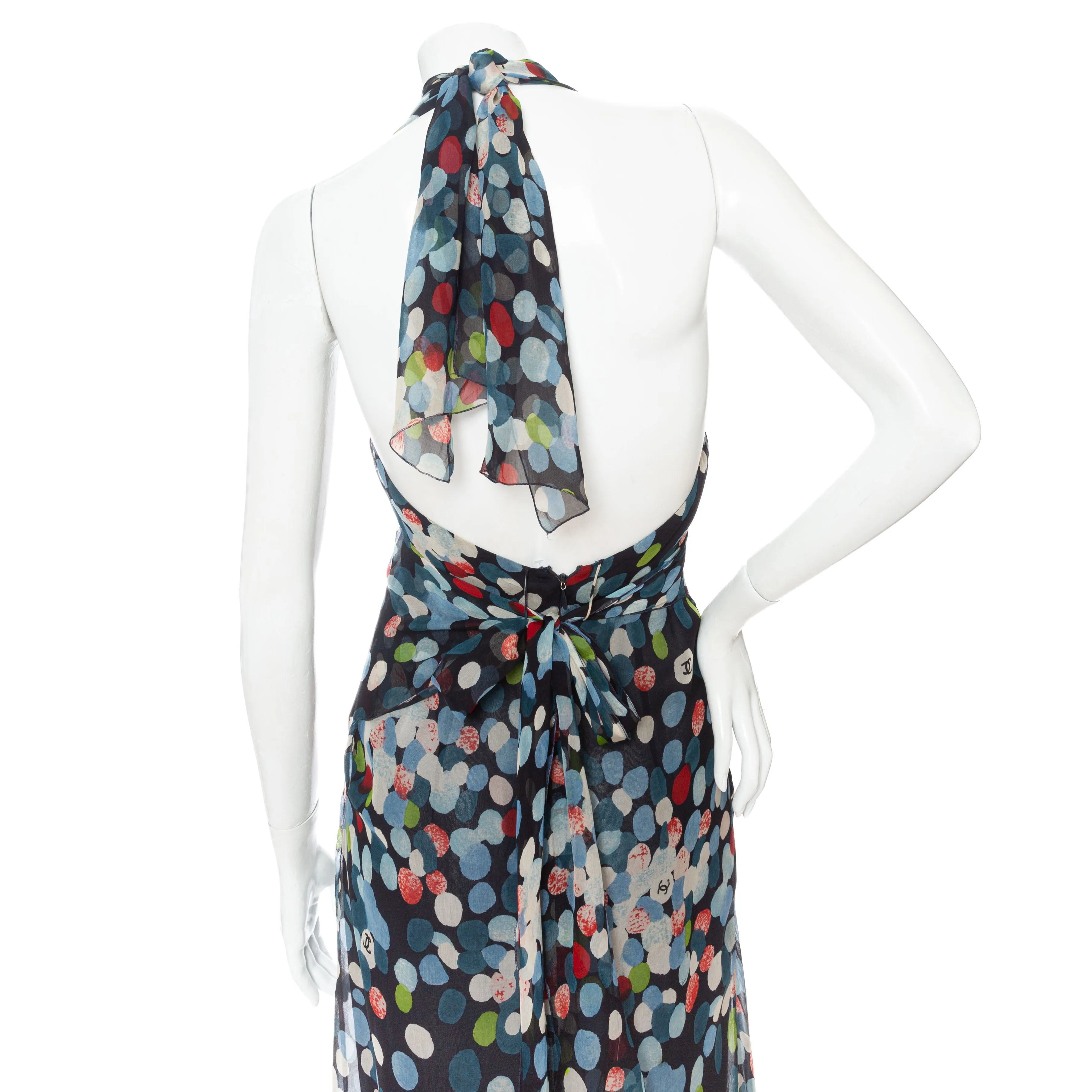 1997 Multicolored Silk Polka Dot Print Halter Dress