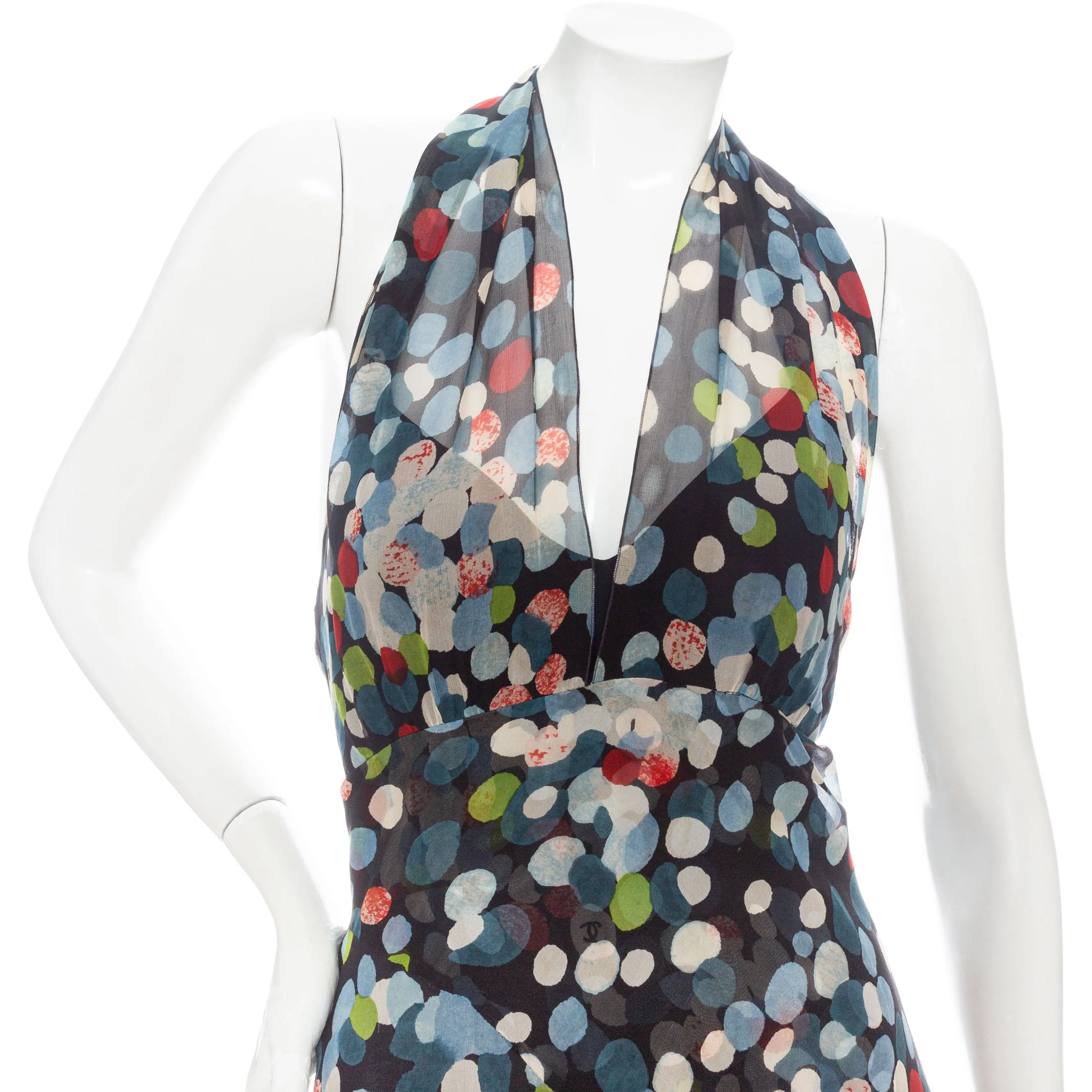 1997 Multicolored Silk Polka Dot Print Halter Dress