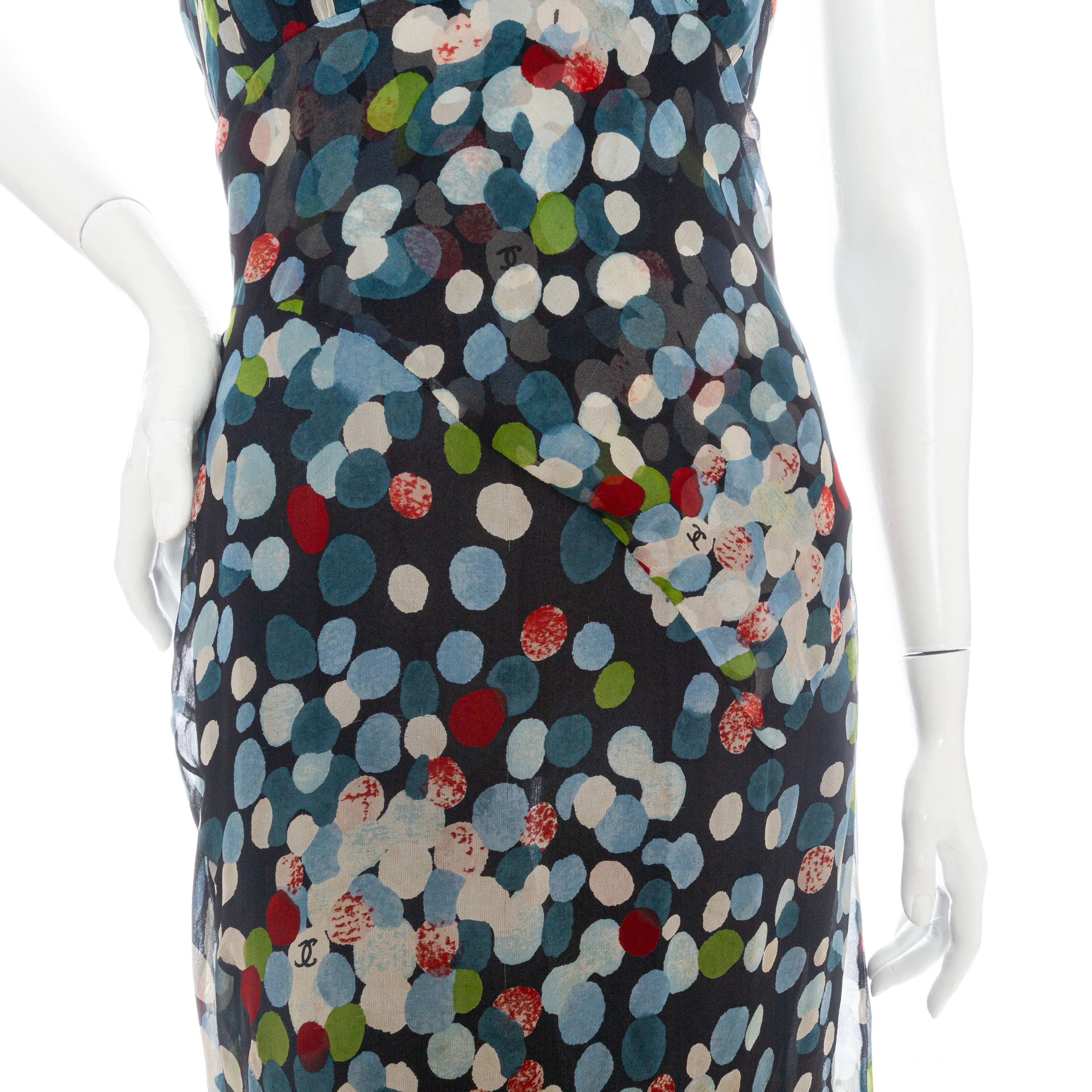 1997 Multicolored Silk Polka Dot Print Halter Dress