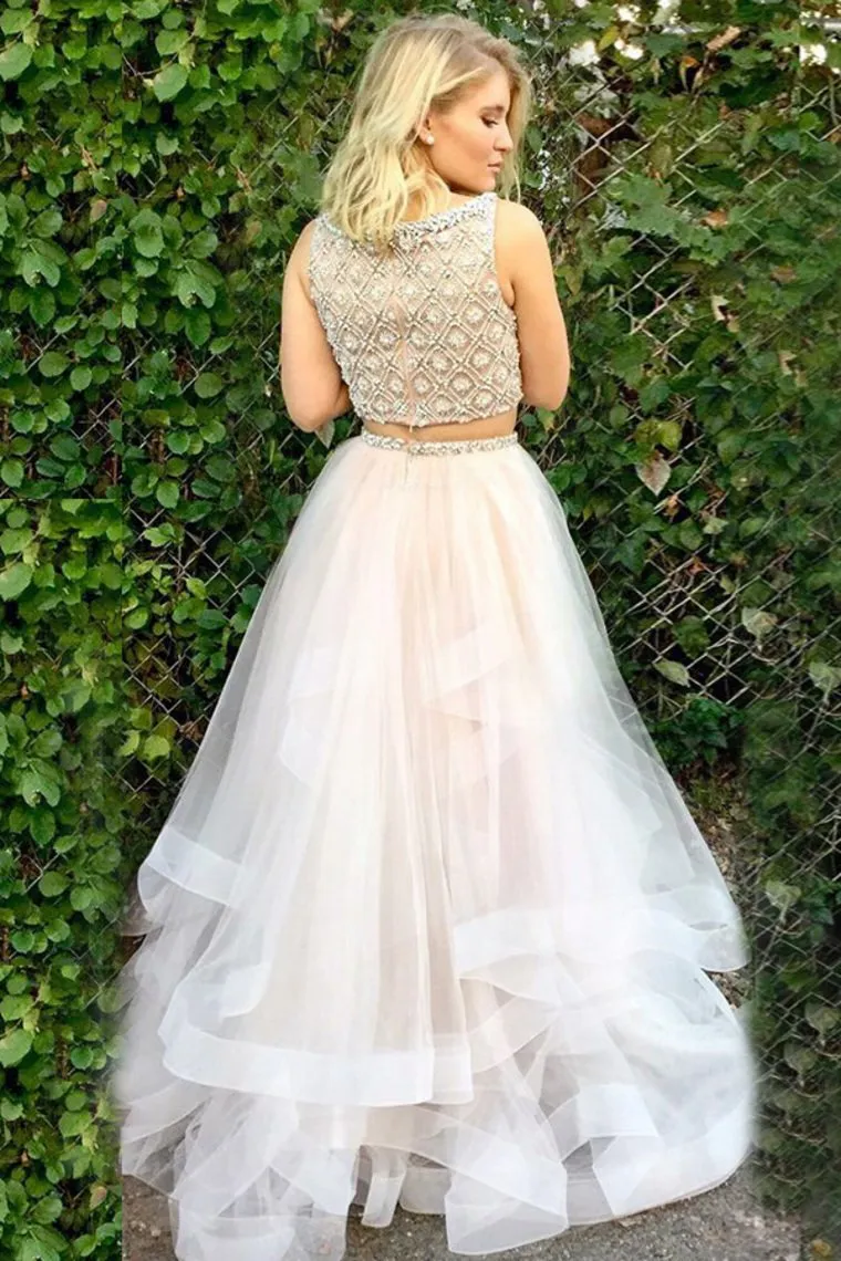 2 Pieces Scoop Neckline Flowy Long Beading Tulle Prom Dresses