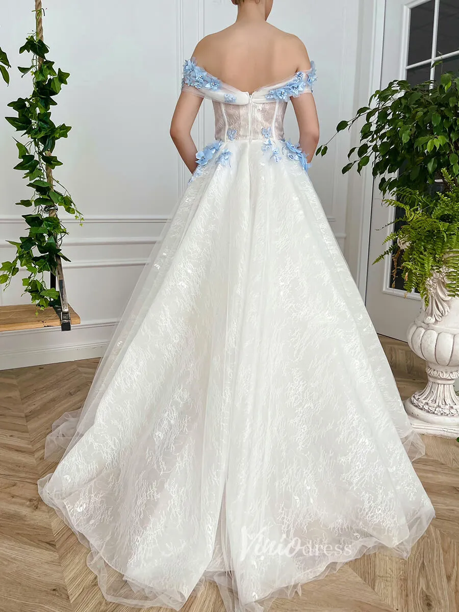 3D Blue Floral Lace Prom Dresses with Pockets Off the Shoulder FD3031