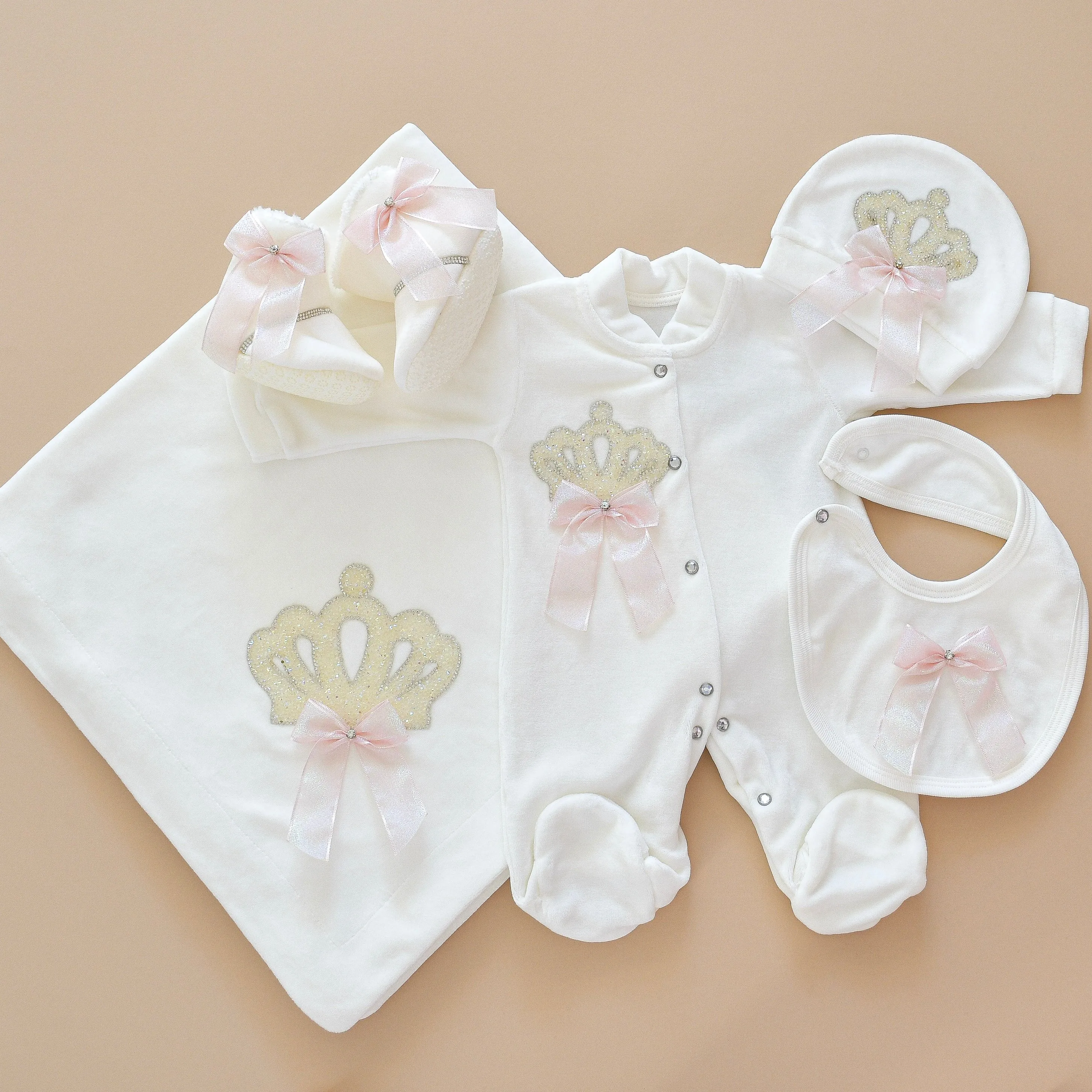 5 Piece White Velvet Newborn Baby Girl Set