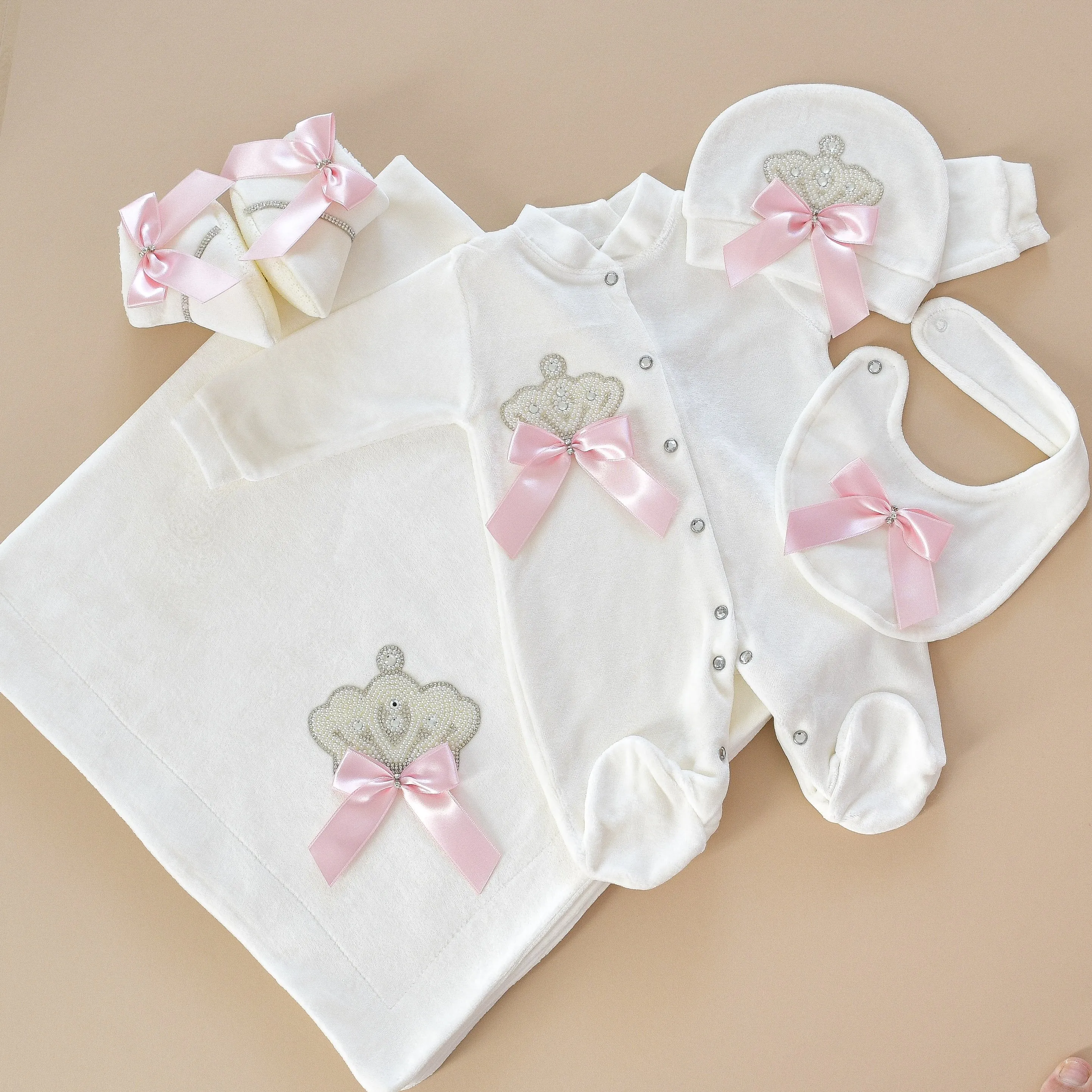 5 Piece White Velvet Newborn Baby Girl Set