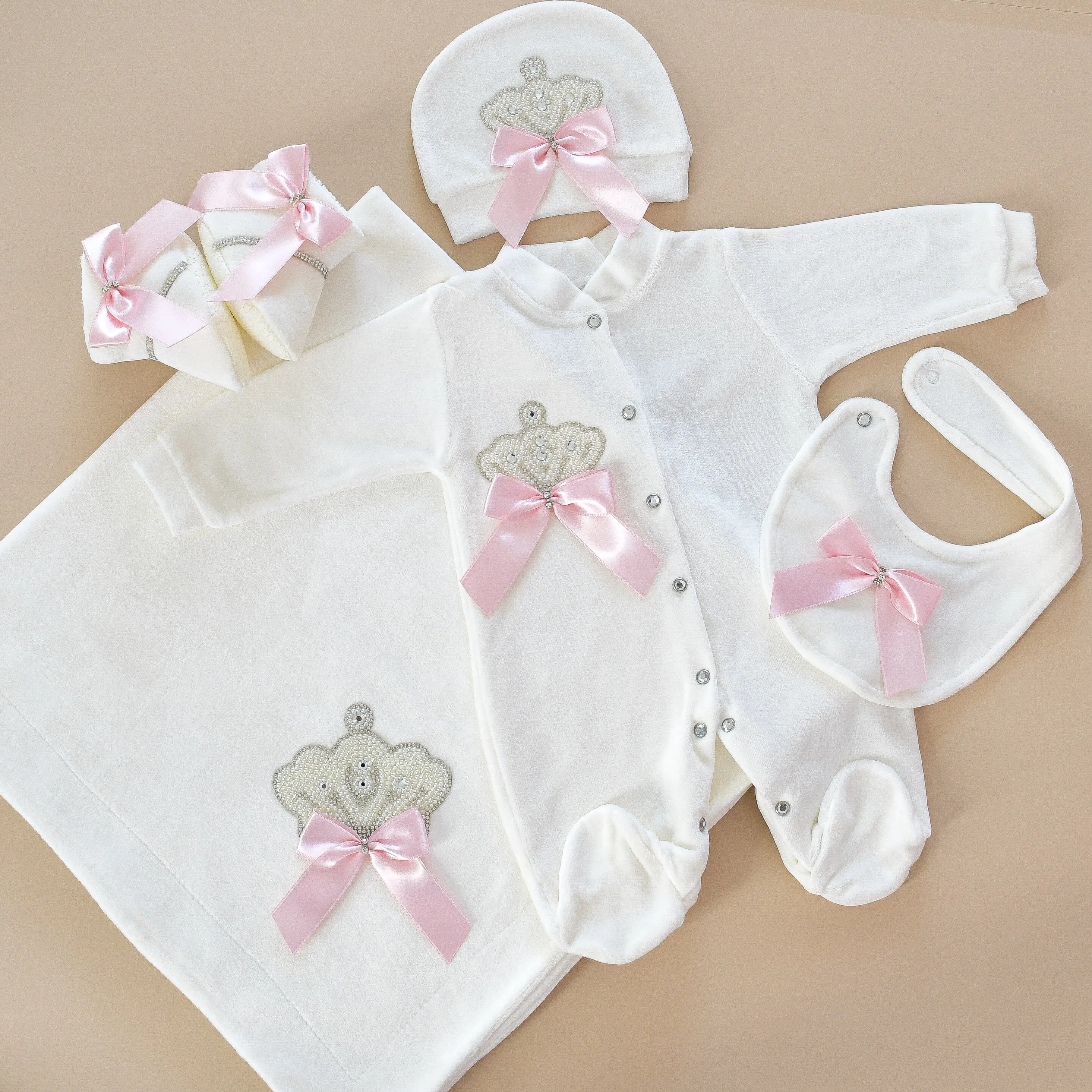 5 Piece White Velvet Newborn Baby Girl Set