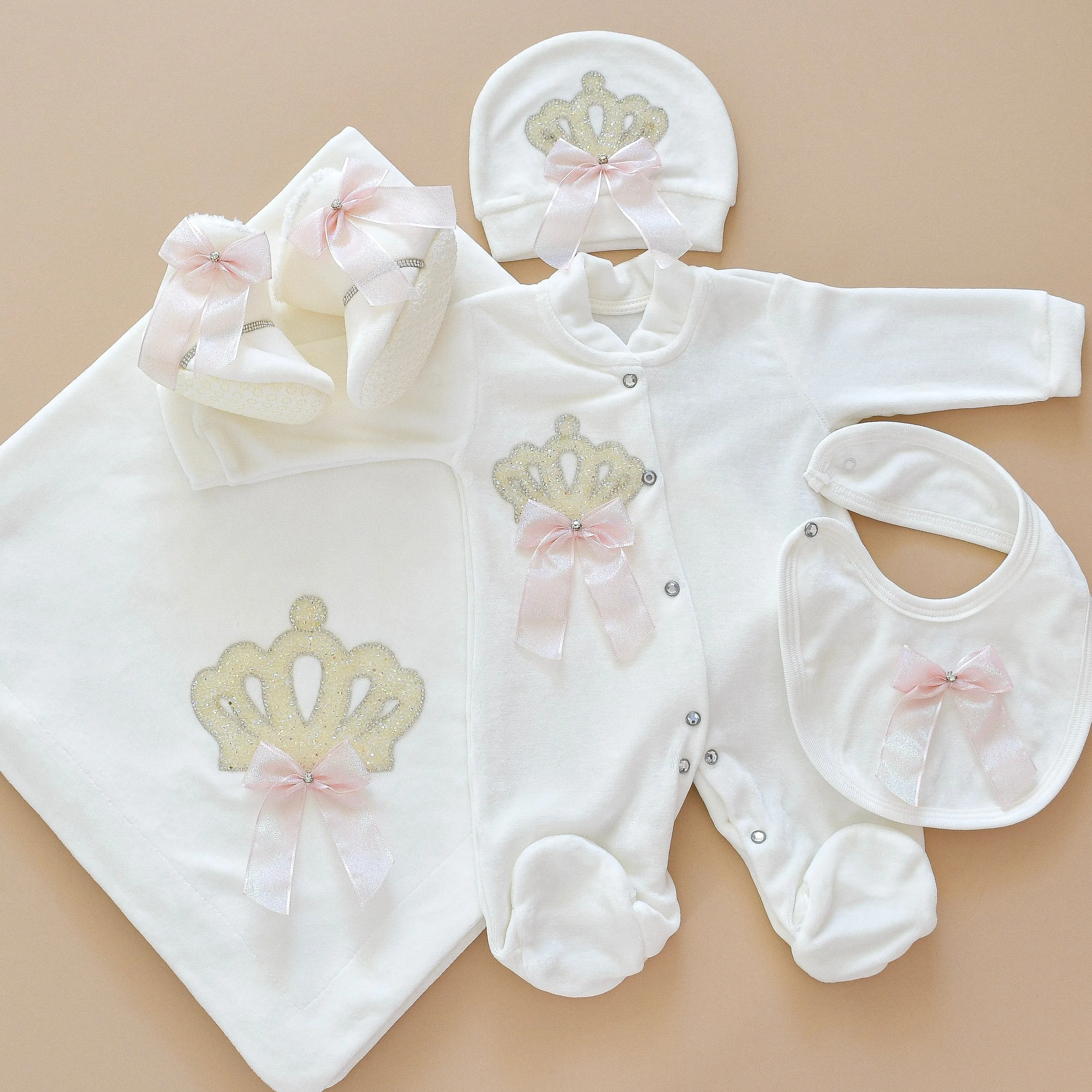 5 Piece White Velvet Newborn Baby Girl Set