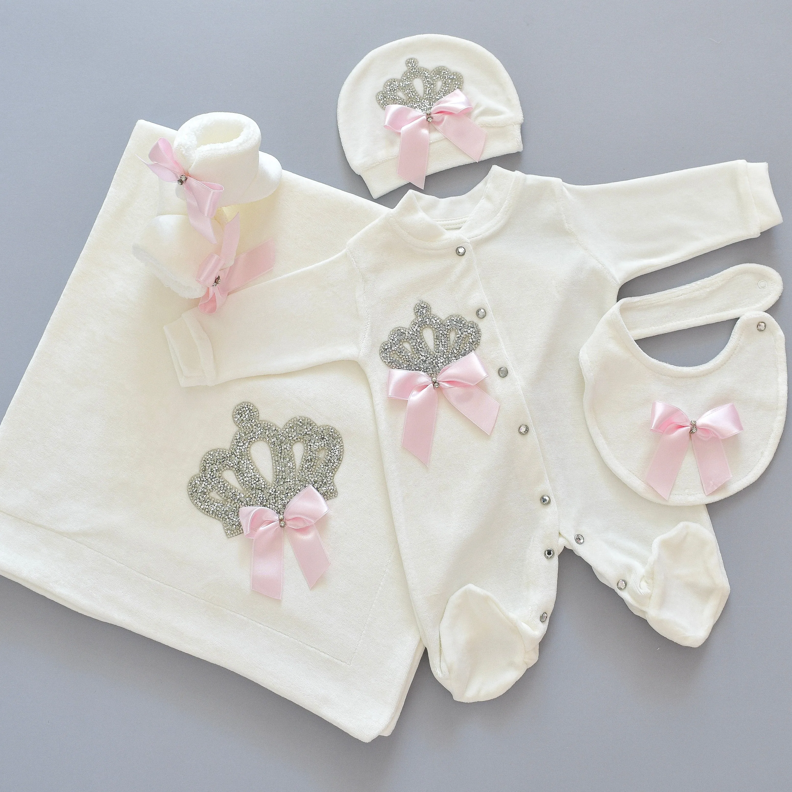 5 Piece White Velvet Newborn Baby Girl Set