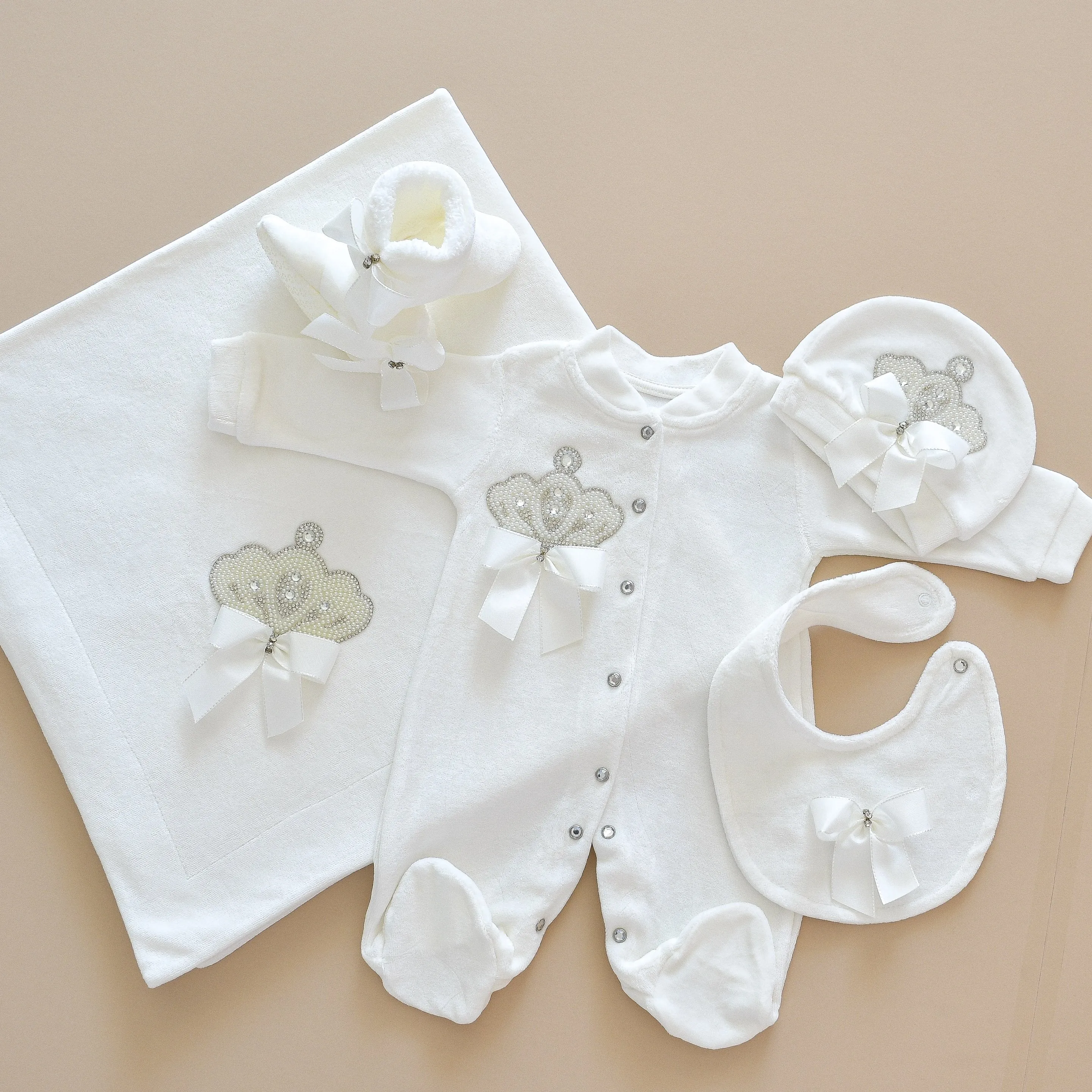 5 Piece White Velvet Newborn Baby Girl Set