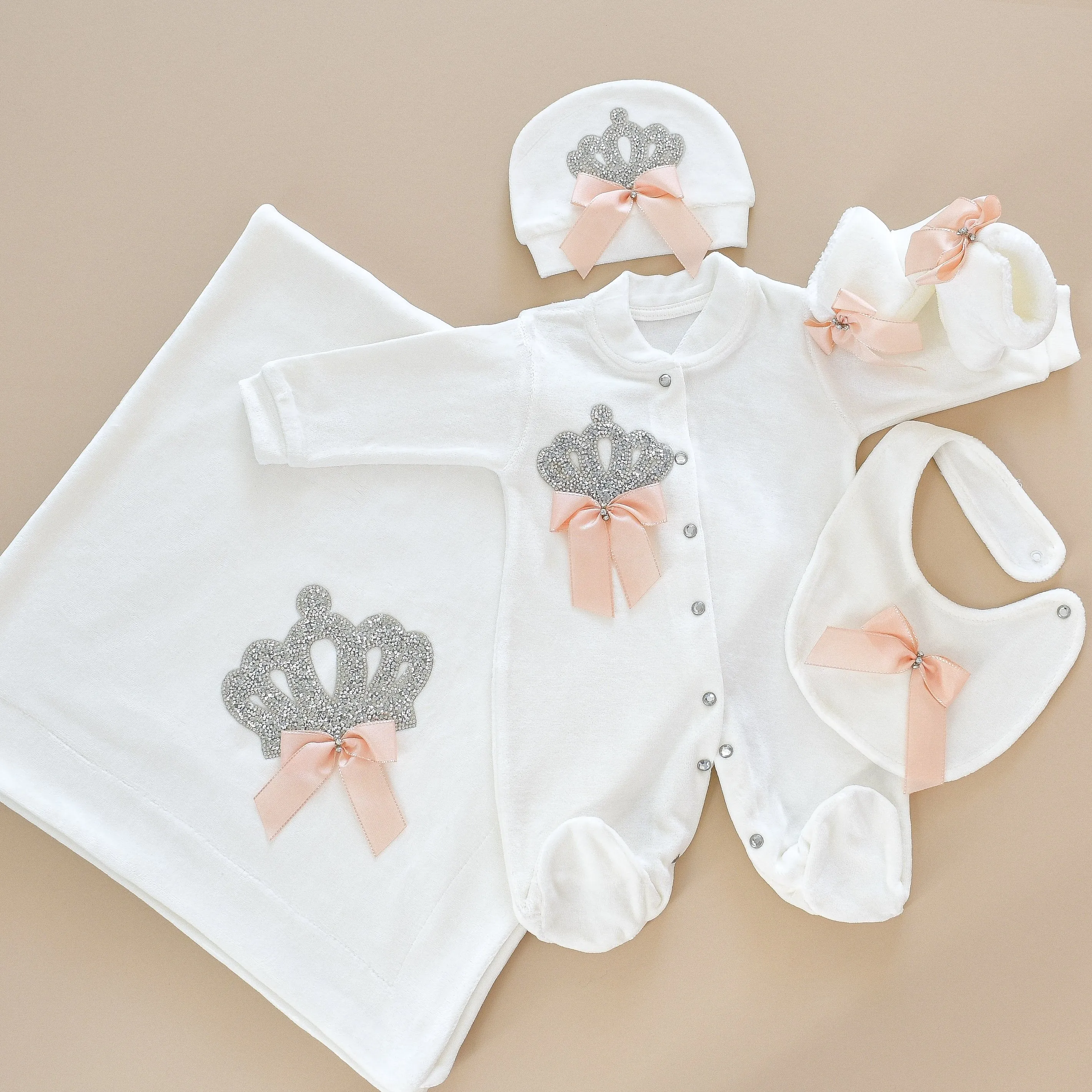 5 Piece White Velvet Newborn Baby Girl Set