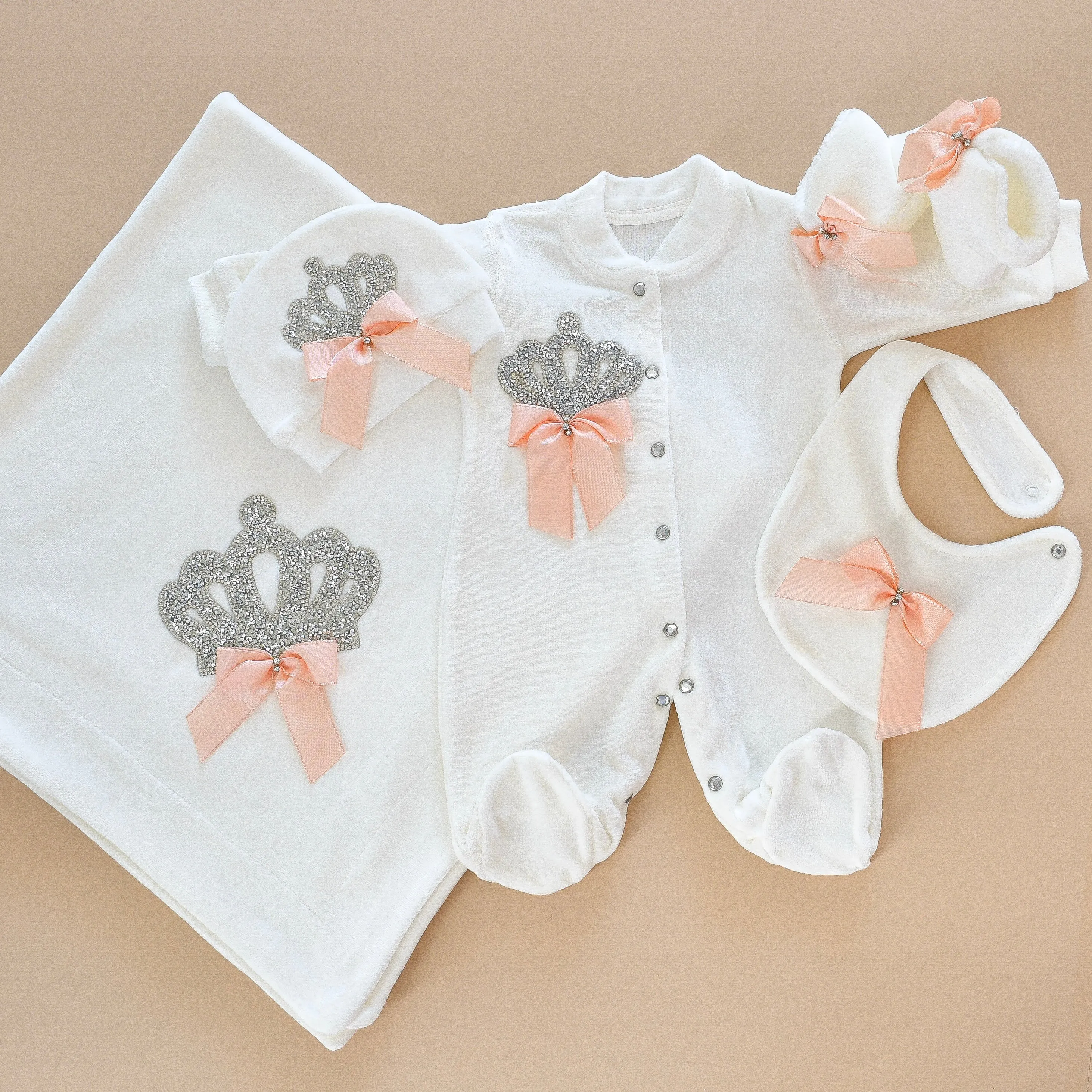 5 Piece White Velvet Newborn Baby Girl Set