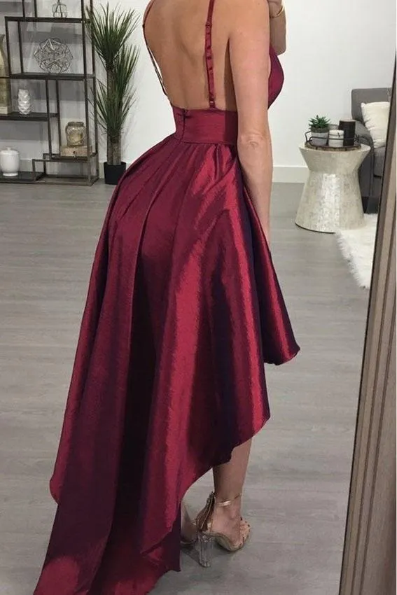 A line Deep V Neck High Low Spaghetti Straps Sleeveless Taffeta Prom Dresses JS358