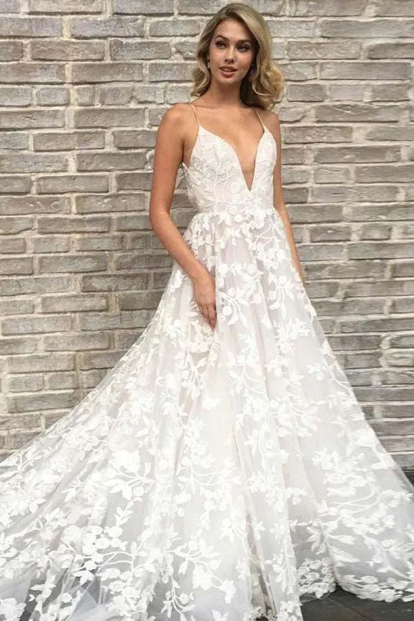 A Line Deep V Neck Lace Appliques Ball Gown Spaghetti Straps Wedding Dress