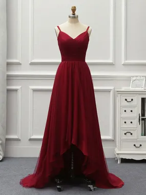 A Line High Low Backless Burgundy Tulle Long Prom Dresses, High Low Burgundy Formal Dresses, Backless Burgundy Evening Dresses