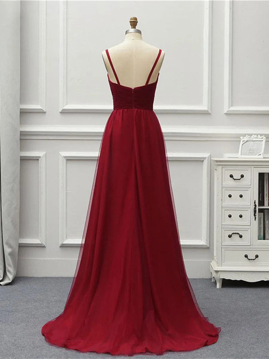 A Line High Low Backless Burgundy Tulle Long Prom Dresses, High Low Burgundy Formal Dresses, Backless Burgundy Evening Dresses