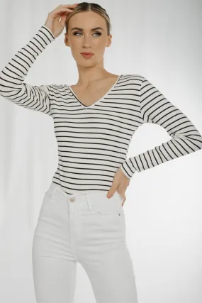 Ally V-Neck Stripe Top In White & Black