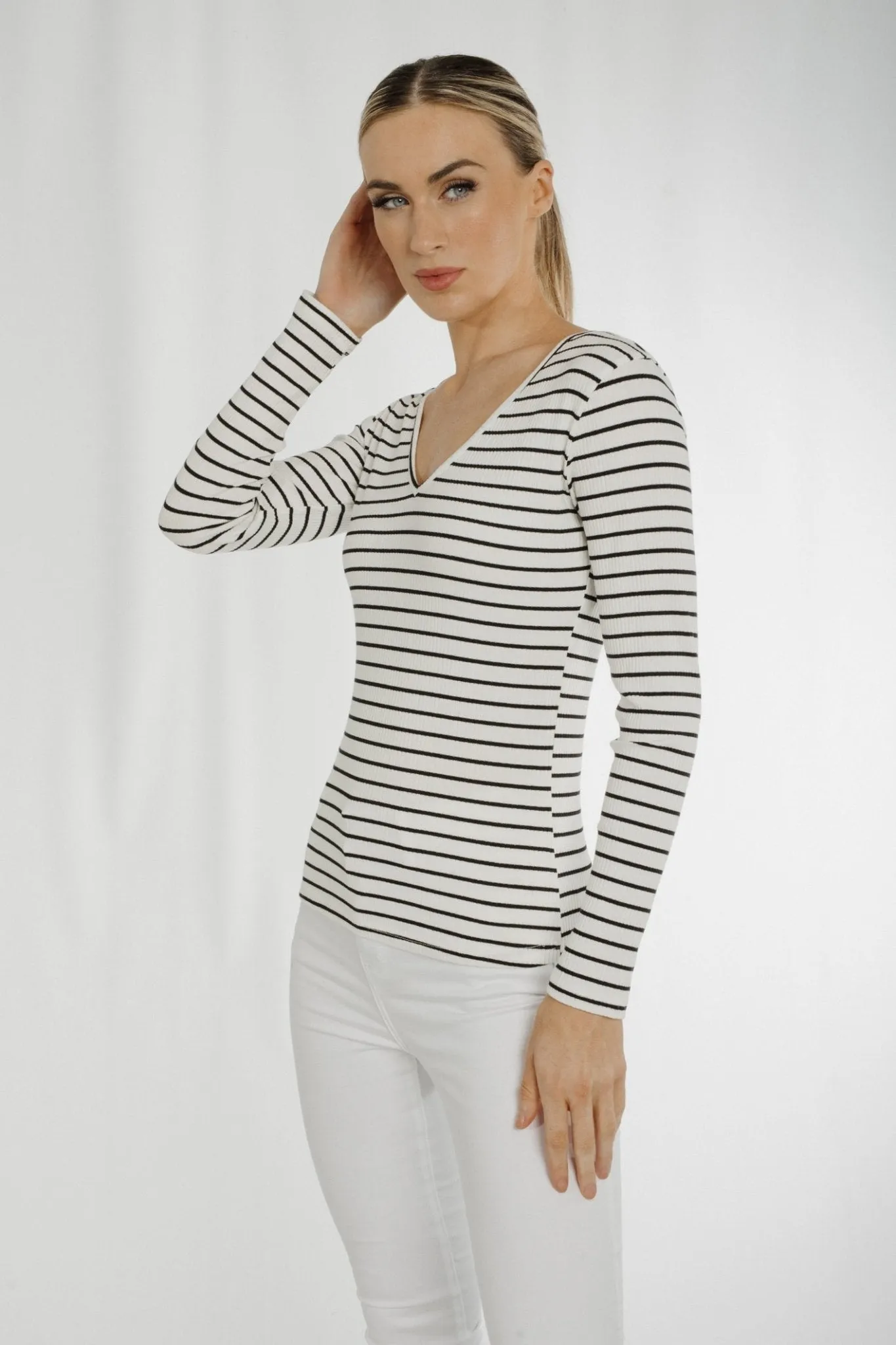 Ally V-Neck Stripe Top In White & Black