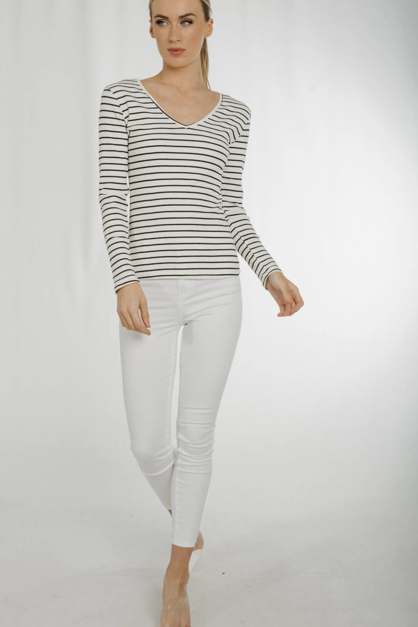 Ally V-Neck Stripe Top In White & Black