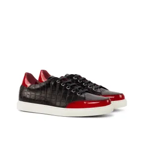 Ambrogio Bespoke Custom Women's Custom Made Shoes Black & Red Crocodile Print / Patent Leather Casual Sneakers (AMBW1006)