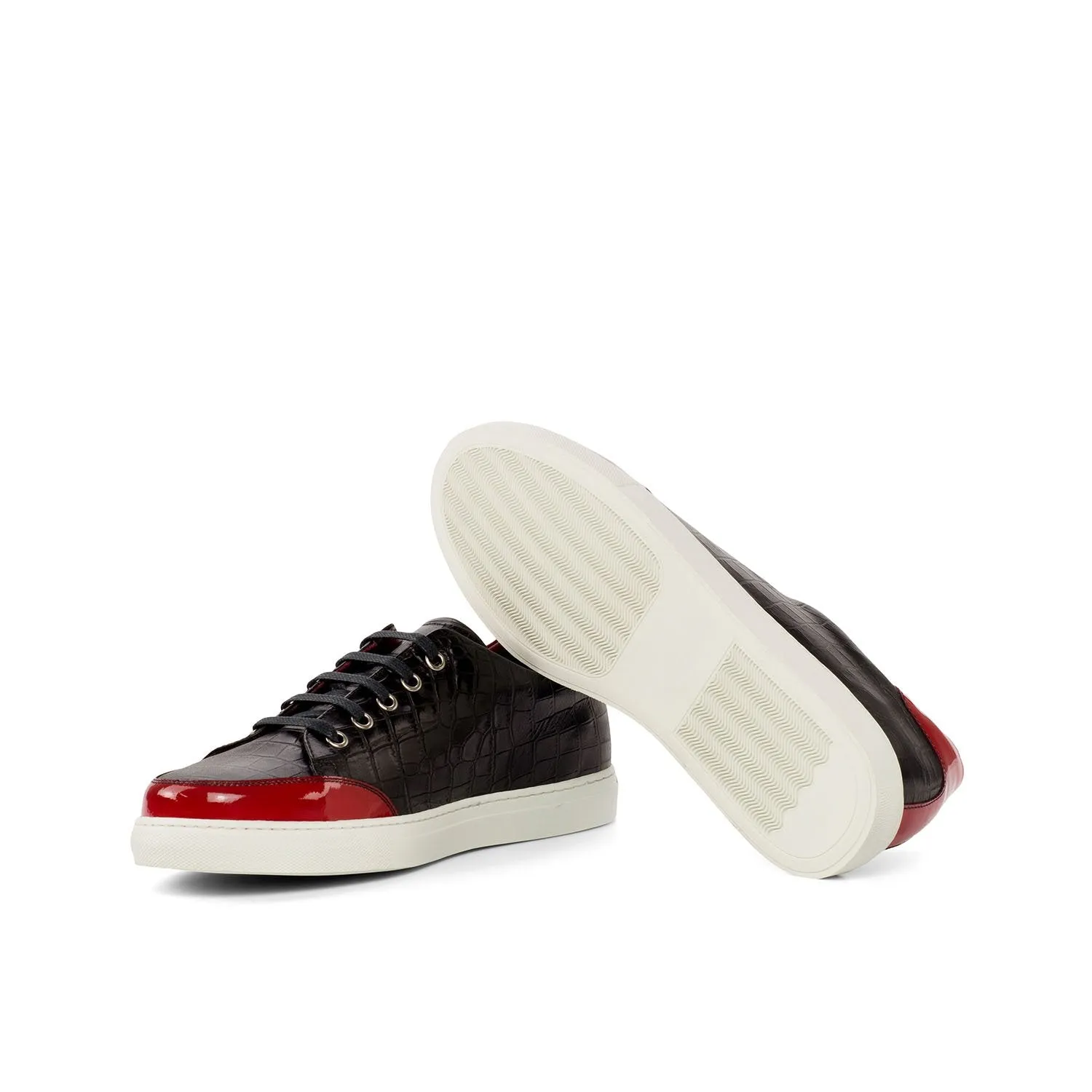 Ambrogio Bespoke Custom Women's Custom Made Shoes Black & Red Crocodile Print / Patent Leather Casual Sneakers (AMBW1006)