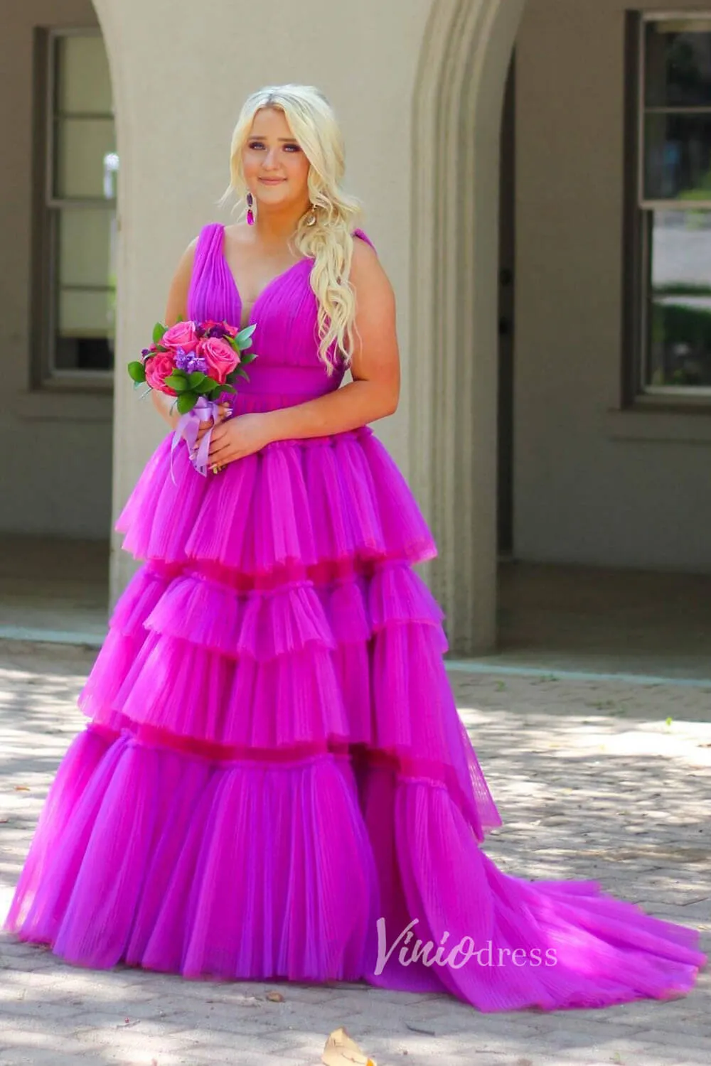 Aqua Ruffled Tulle Prom Dresses Plunging V-Neck Formal Gown FD3252