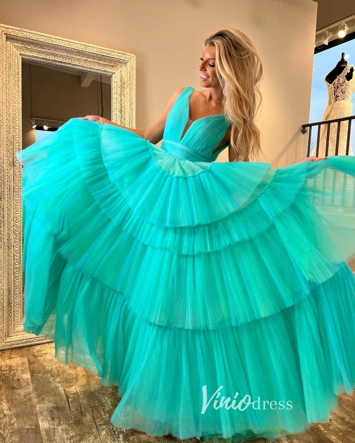 Aqua Ruffled Tulle Prom Dresses Plunging V-Neck Formal Gown FD3252