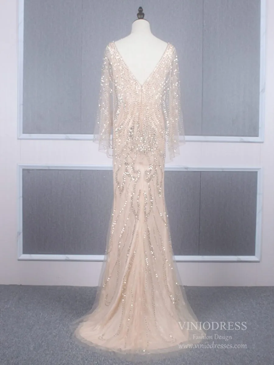 Beaded Champagne Mermaid Prom Dresses Batwing Sleeve FD2469