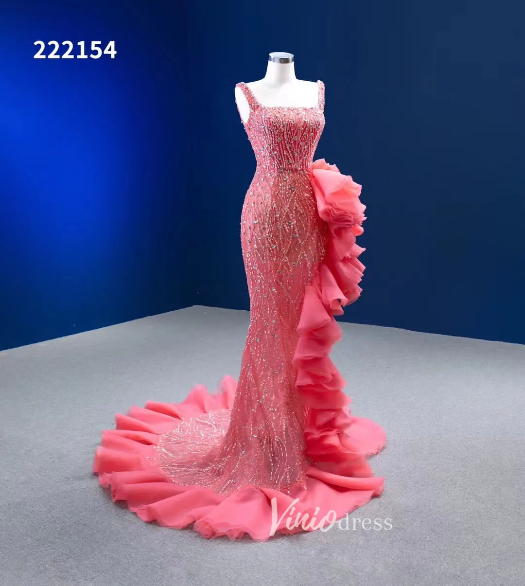 Beaded Hot Pink Ruffled Mermaid Wedding Dress Square Neck 222154