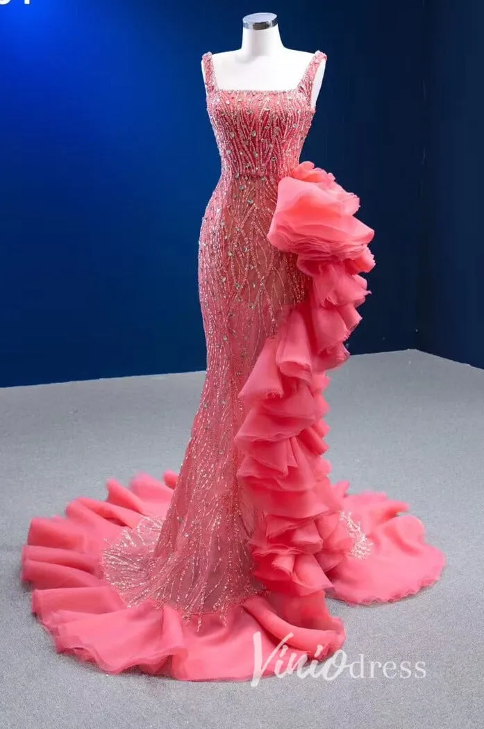 Beaded Hot Pink Ruffled Mermaid Wedding Dress Square Neck 222154