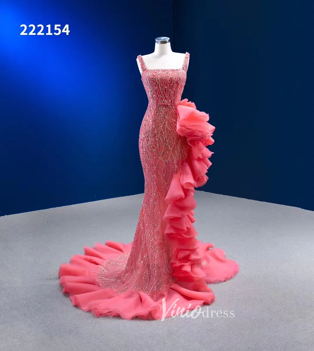 Beaded Hot Pink Ruffled Mermaid Wedding Dress Square Neck 222154