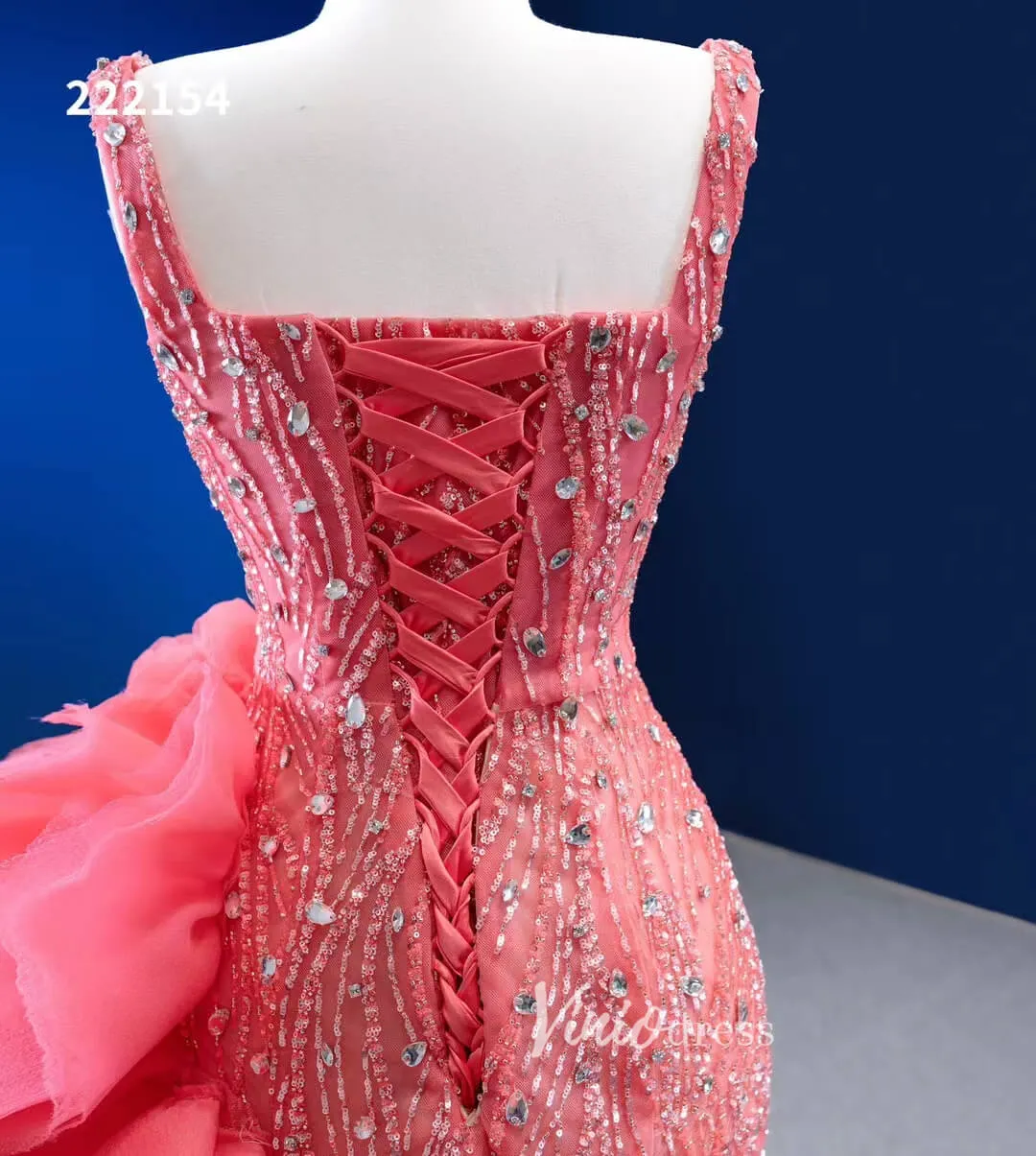 Beaded Hot Pink Ruffled Mermaid Wedding Dress Square Neck 222154