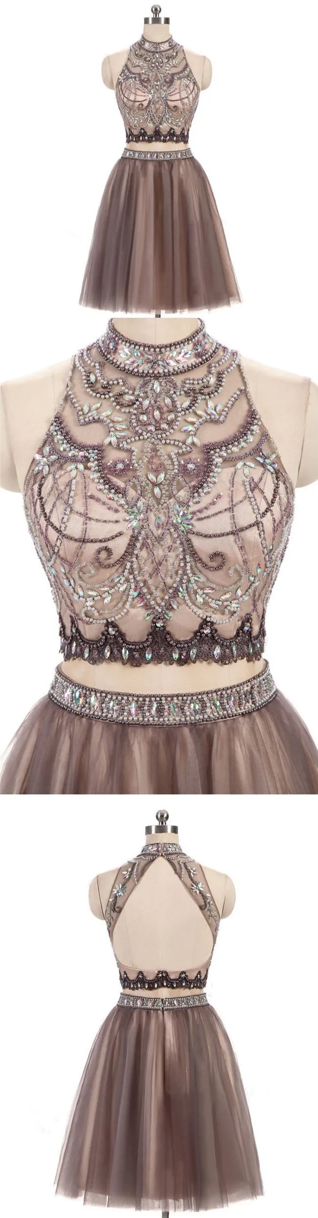 Beading Charming High Neck Open Back Two Pieces Pretty Popular Homecoming Dresses For Teen , BDY0104