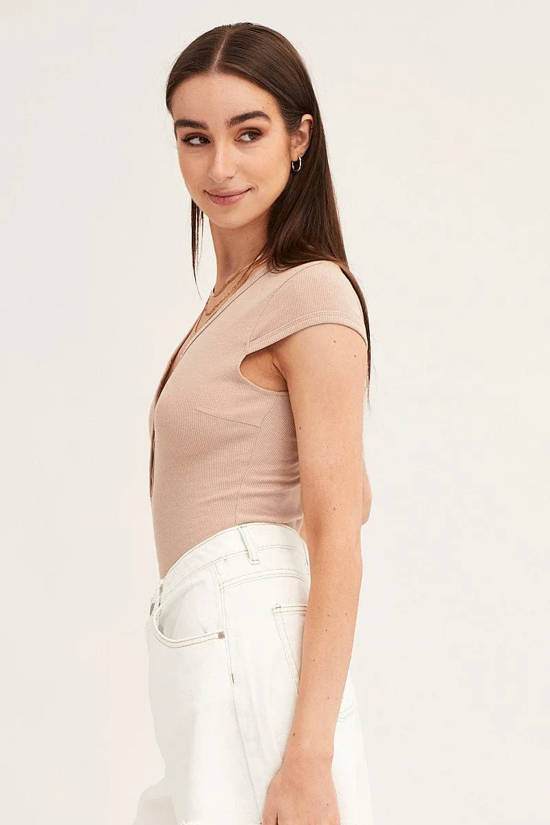 Beige Bodysuit Snap Button Short Sleeve Rib