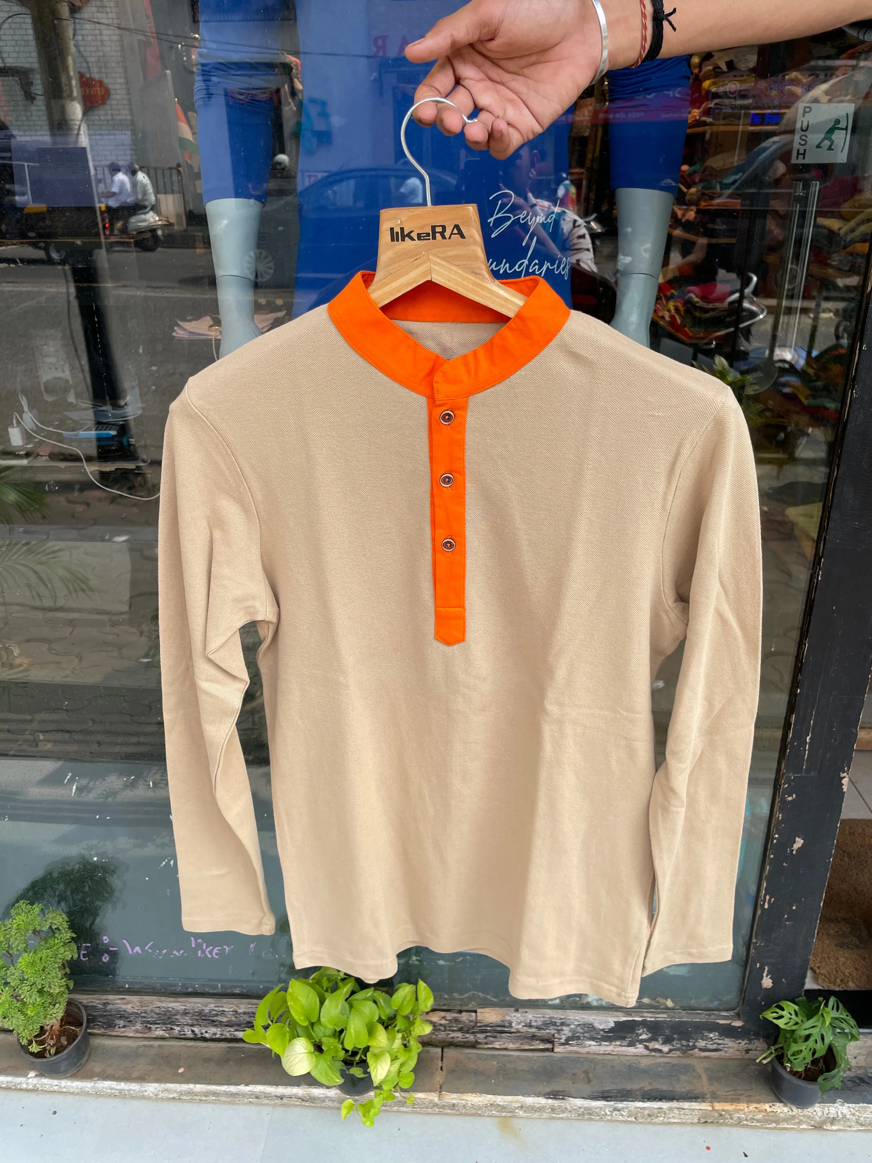 Beige Chinese Collar Placket Henley