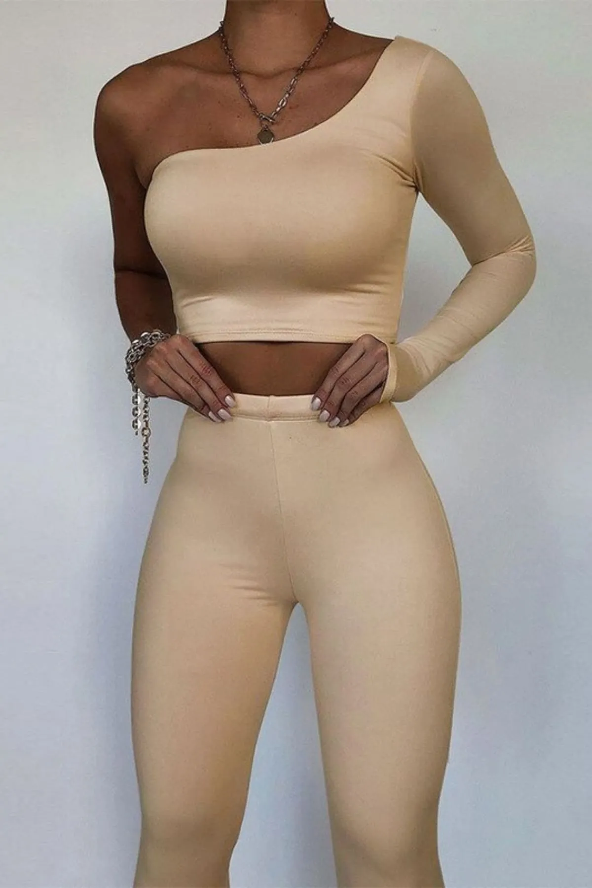 Beige High Waist Pants & One Shoulder Top Set