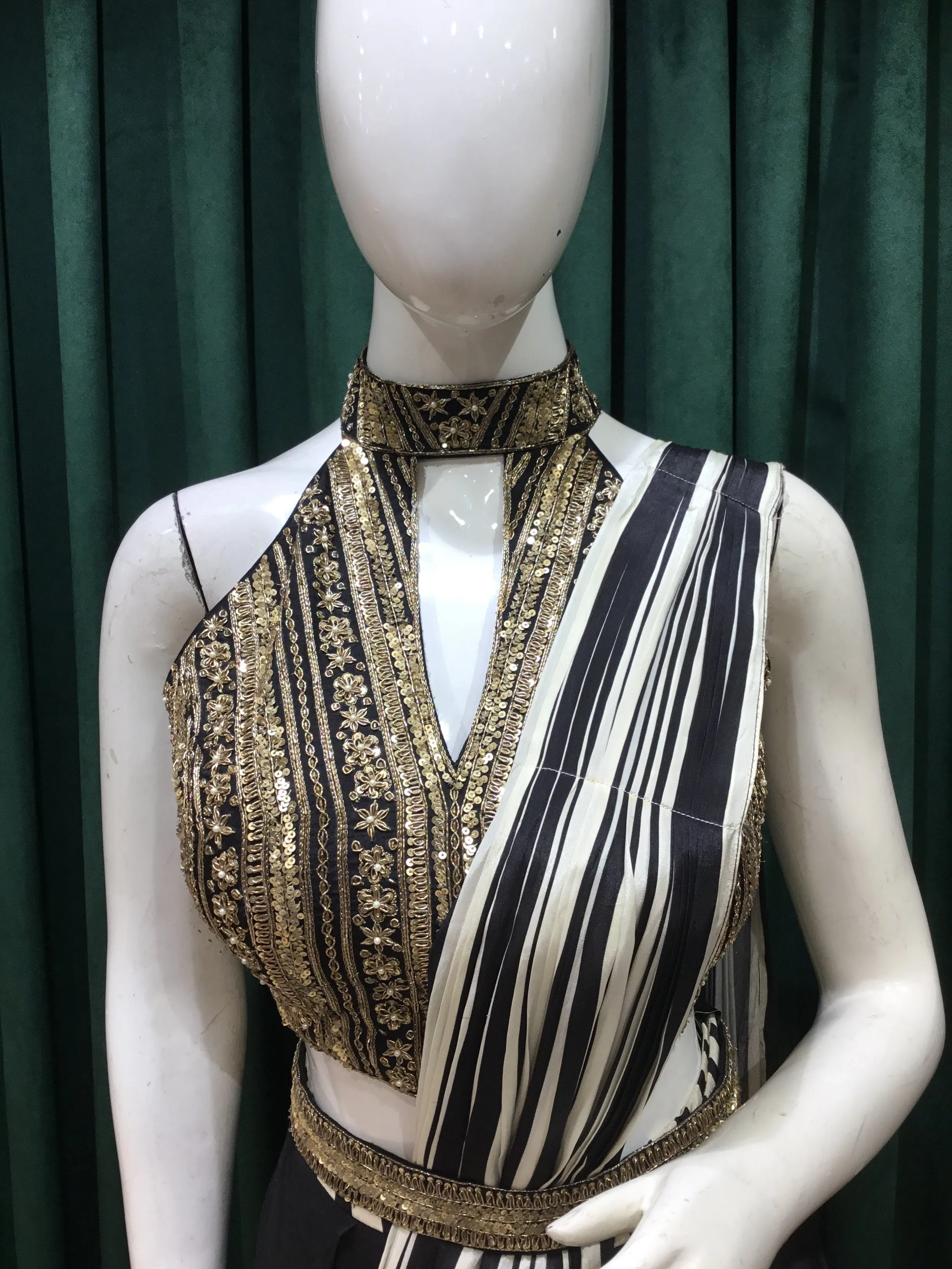 Black French Crape Drape Saree With Sequins and zardozi