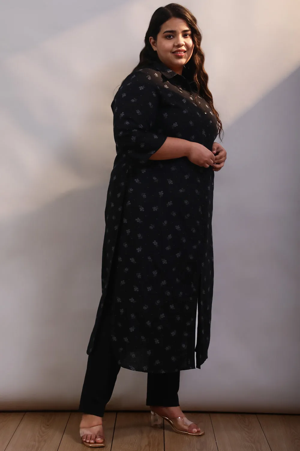 Black Print Cotton Linen Kurta Shrug