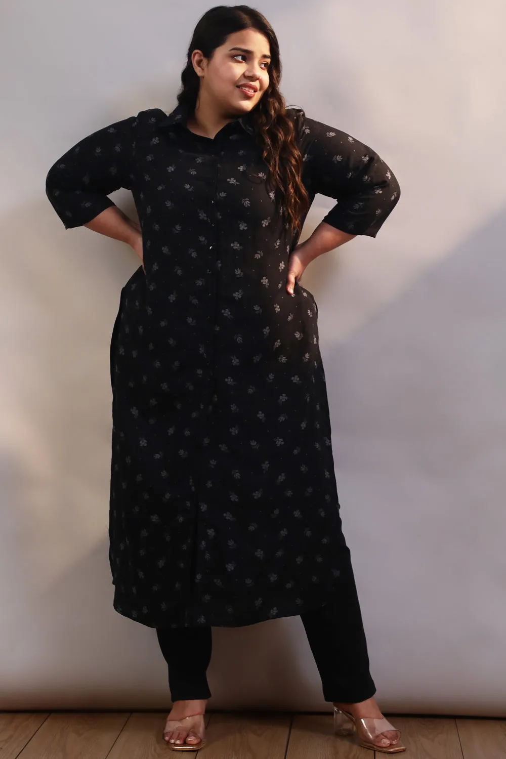 Black Print Cotton Linen Kurta Shrug