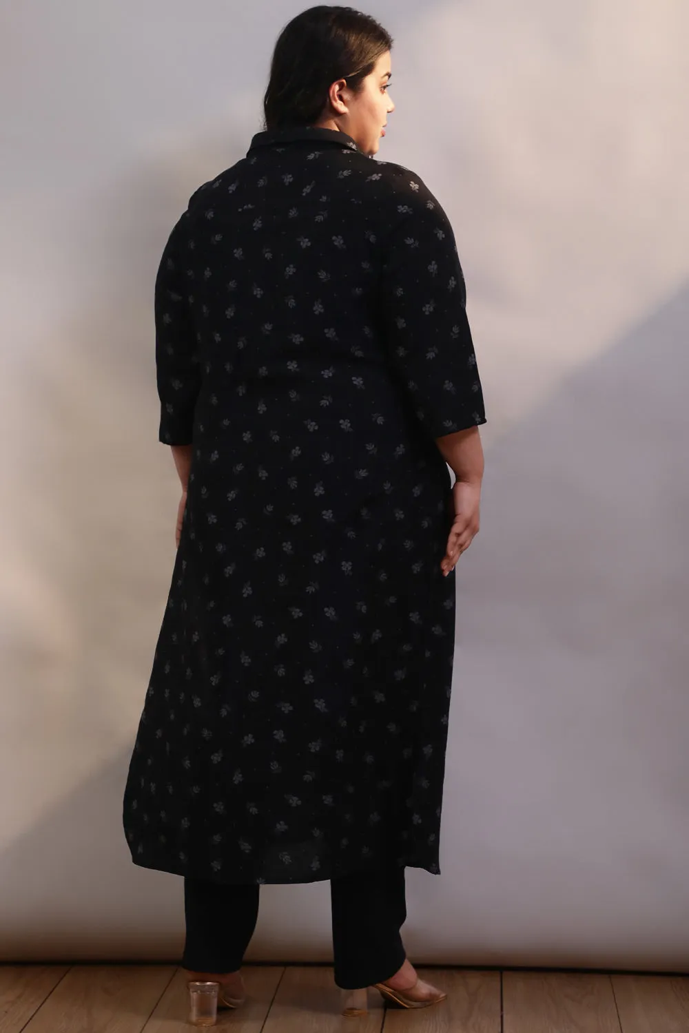 Black Print Cotton Linen Kurta Shrug