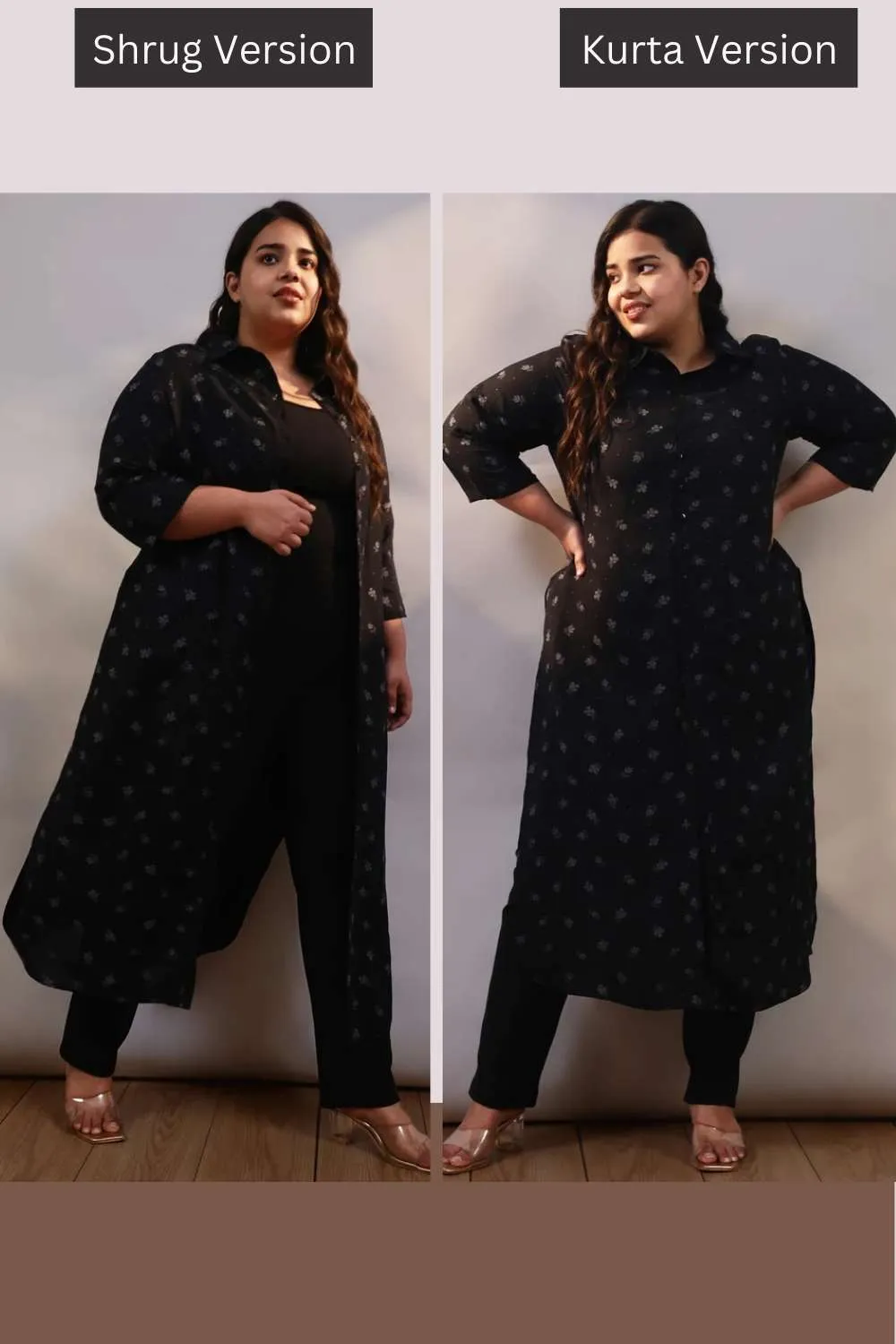 Black Print Cotton Linen Kurta Shrug