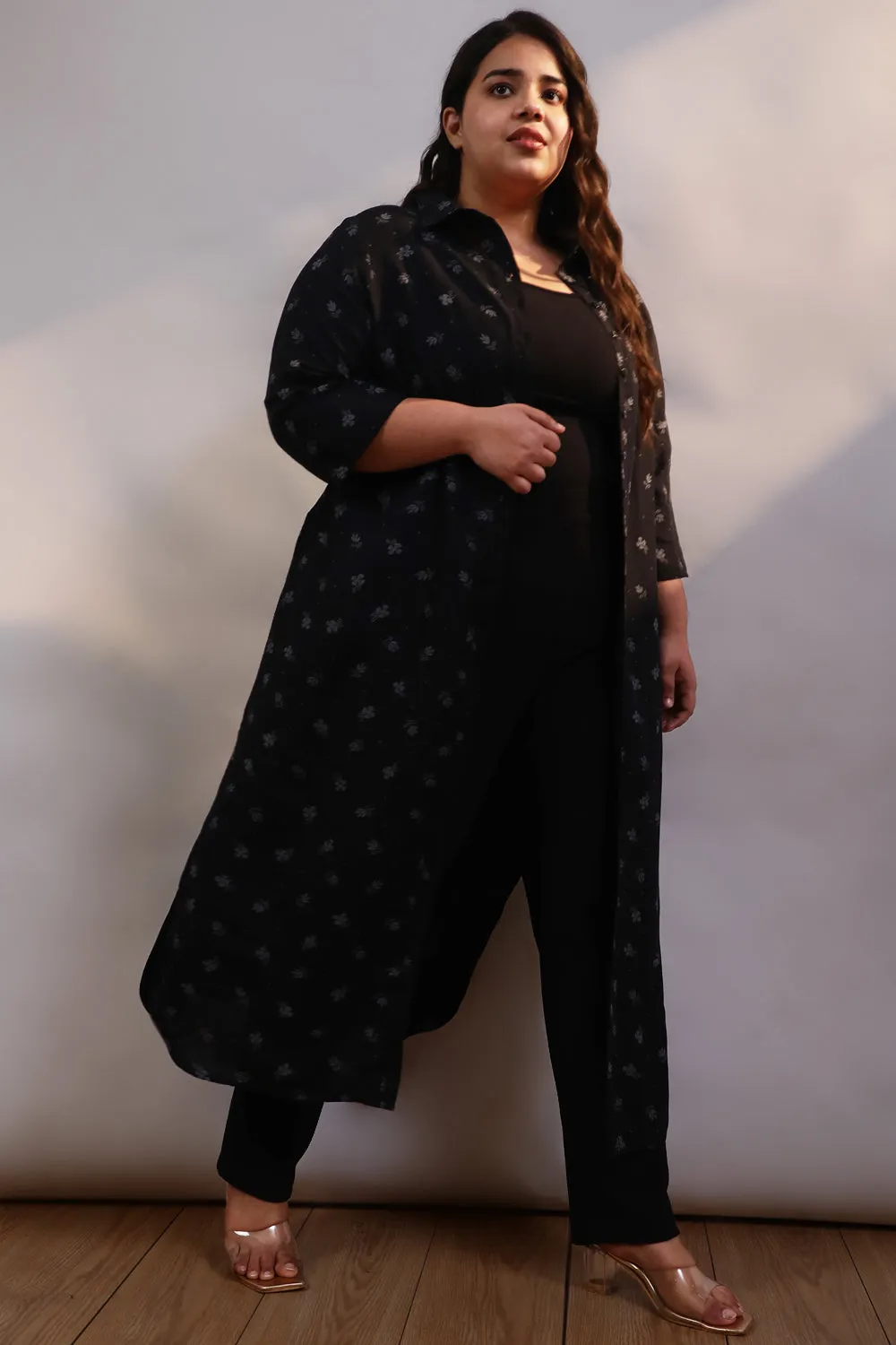 Black Print Cotton Linen Kurta Shrug