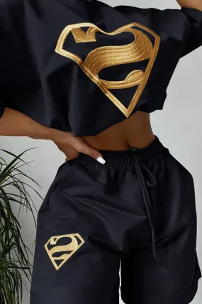 Black Superman T-Shirt And Sweatshorts Two Piece Set