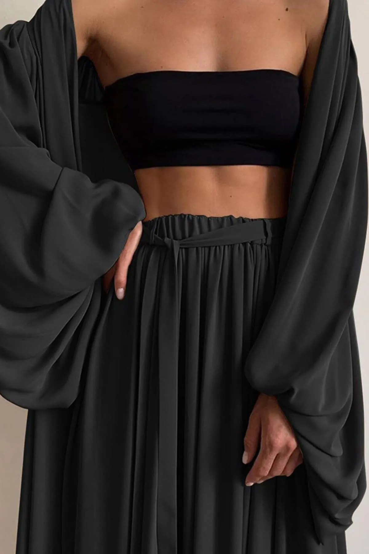 Black Wide Leg Palazzo Pants And Beach Kimono Set