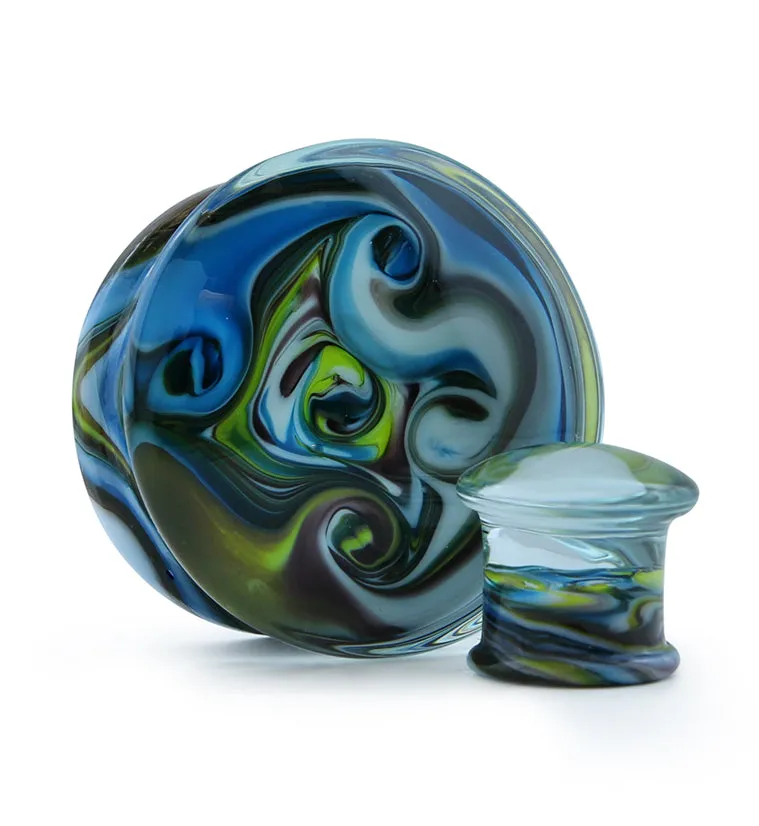 Blue Multi Chroma Swirl Glass Double Flare Plugs