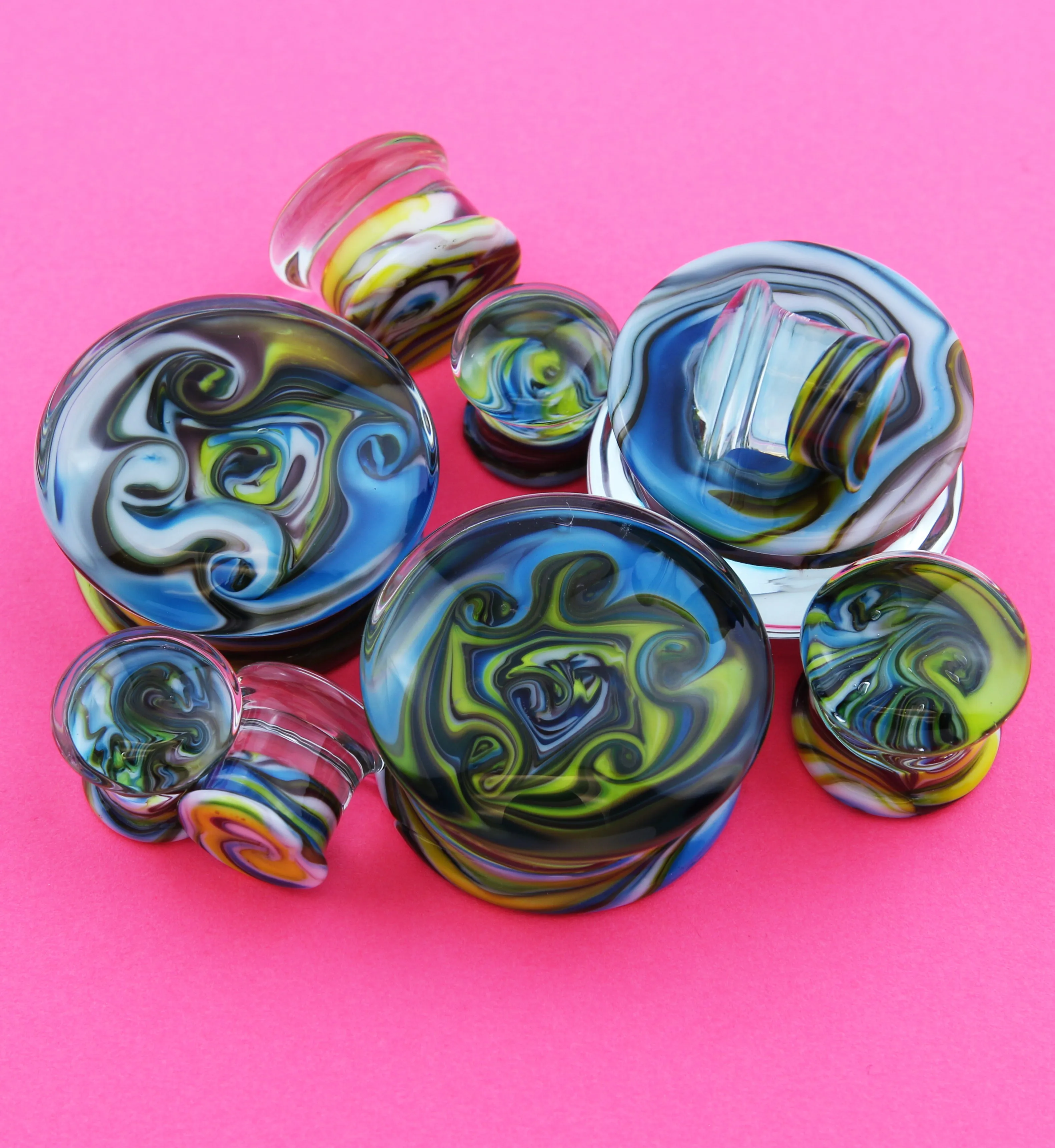 Blue Multi Chroma Swirl Glass Double Flare Plugs