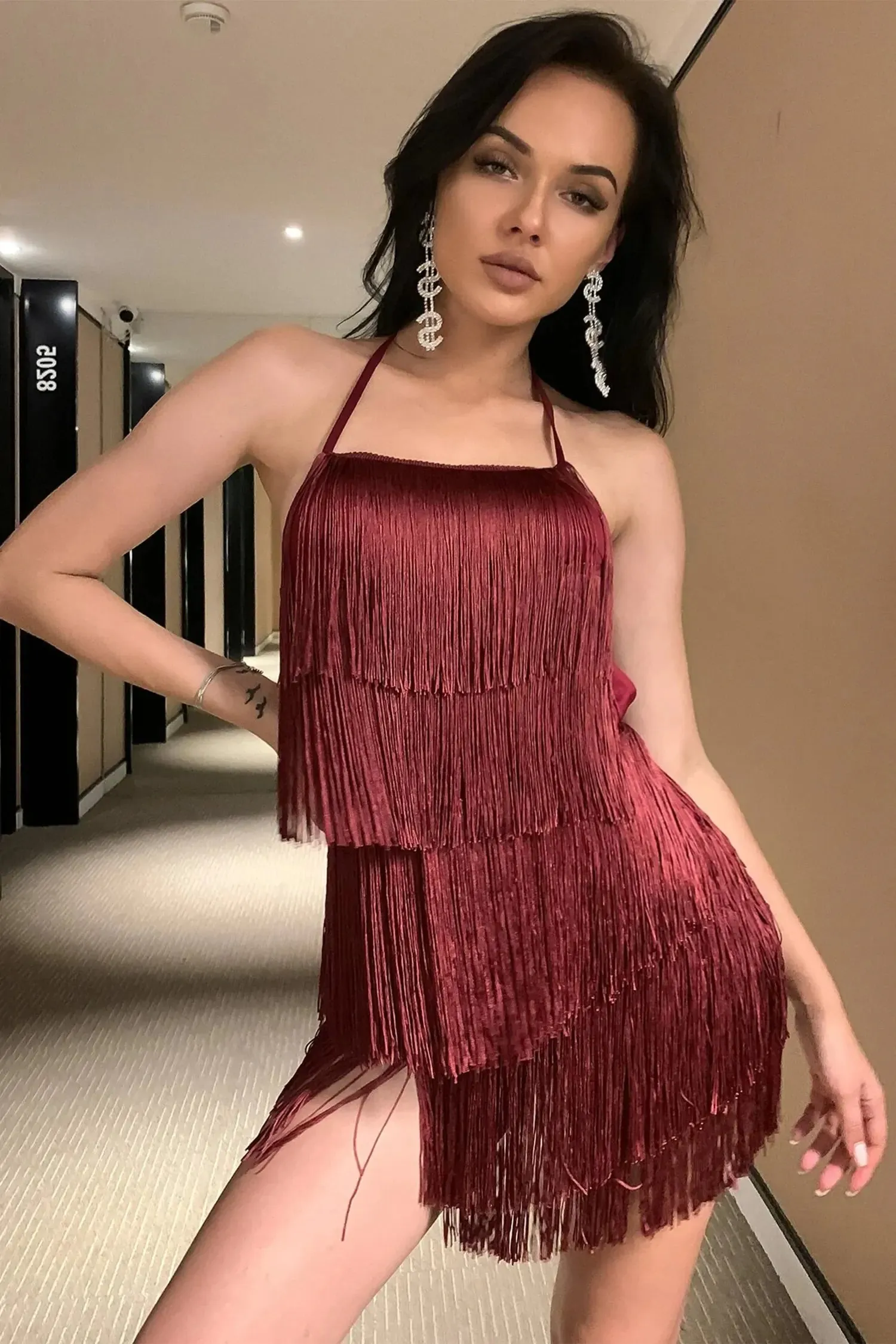 Burgundy Halterneck Backless Short Fringe Romper